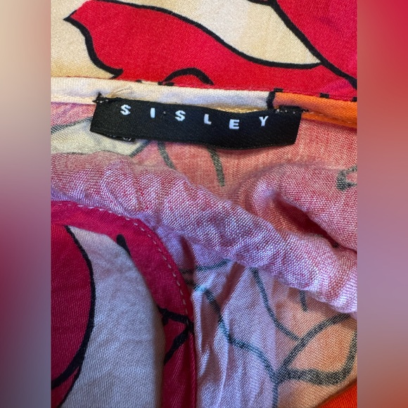 Sisley Italy Women’s Tropical Floral Viscose Orange Pink Split Hem Blouse Sz S - Picture 6 of 10